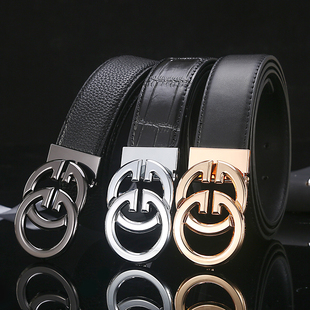 皮带男款真皮潮流皮带牛皮青年平滑扣时尚腰带年轻人百搭双G裤带