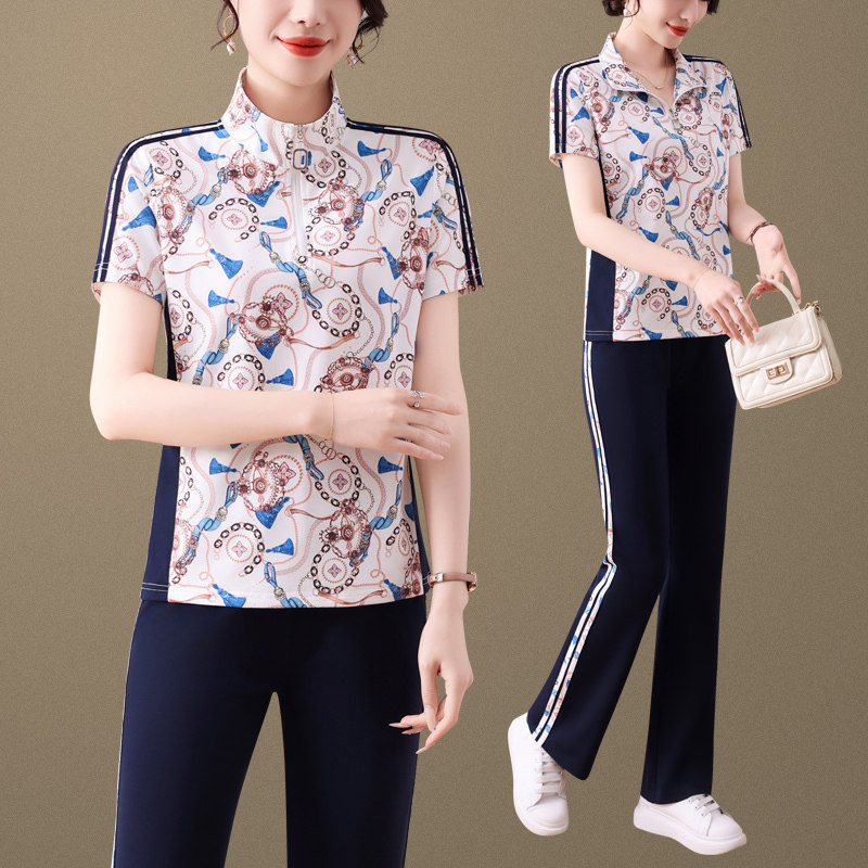 花色运动服套装女2026夏季新款时尚洋气妈妈装显瘦休闲短袖两件套