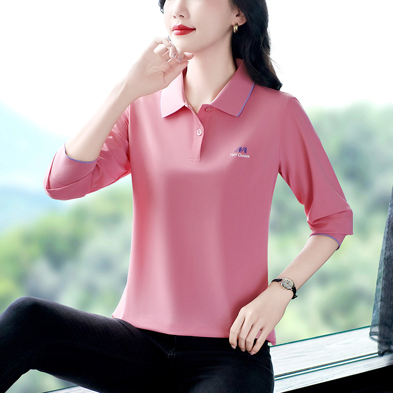 长袖t恤女夏季薄款时尚洋气妈妈冰丝速干防晒上衣中年翻领polo衫
