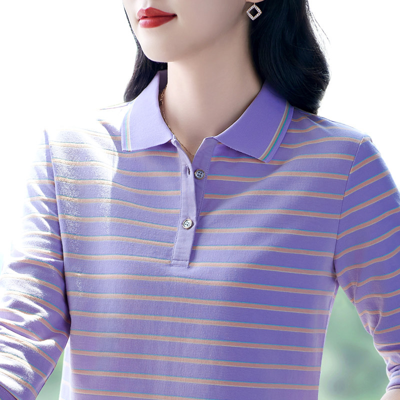 翻领长袖打底衫女春秋2026新款妈妈条纹t恤洋气纯棉宽松休闲上衣