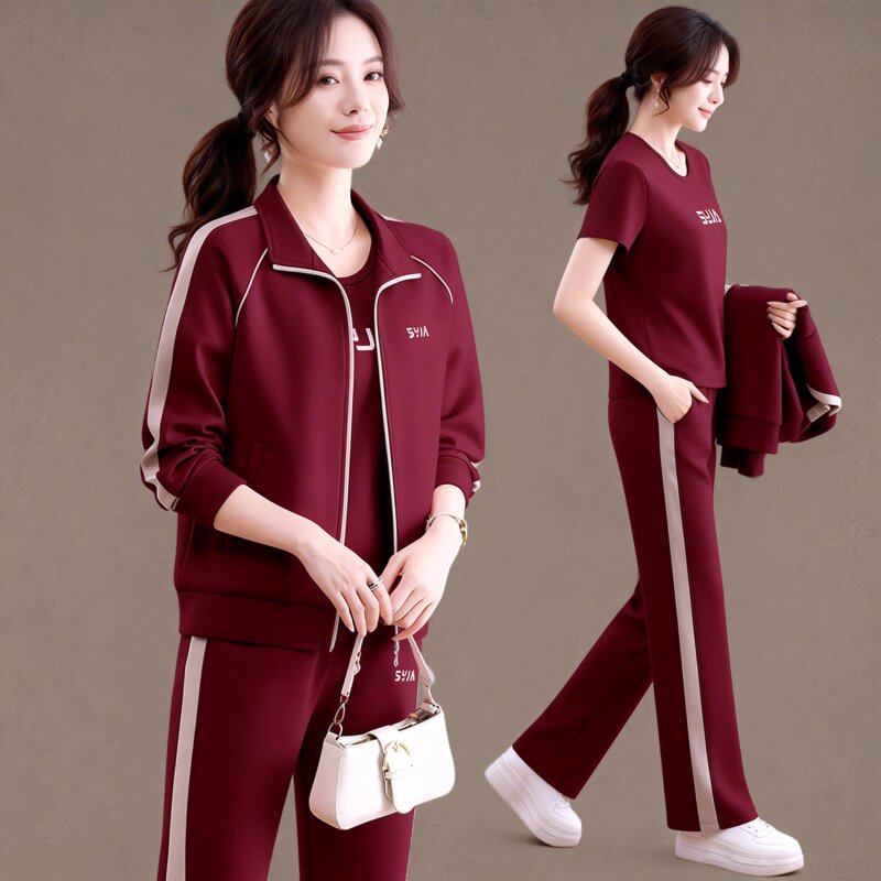 2026新款女士运动套装春季酒红色休闲慵懒风时尚洋气三件套