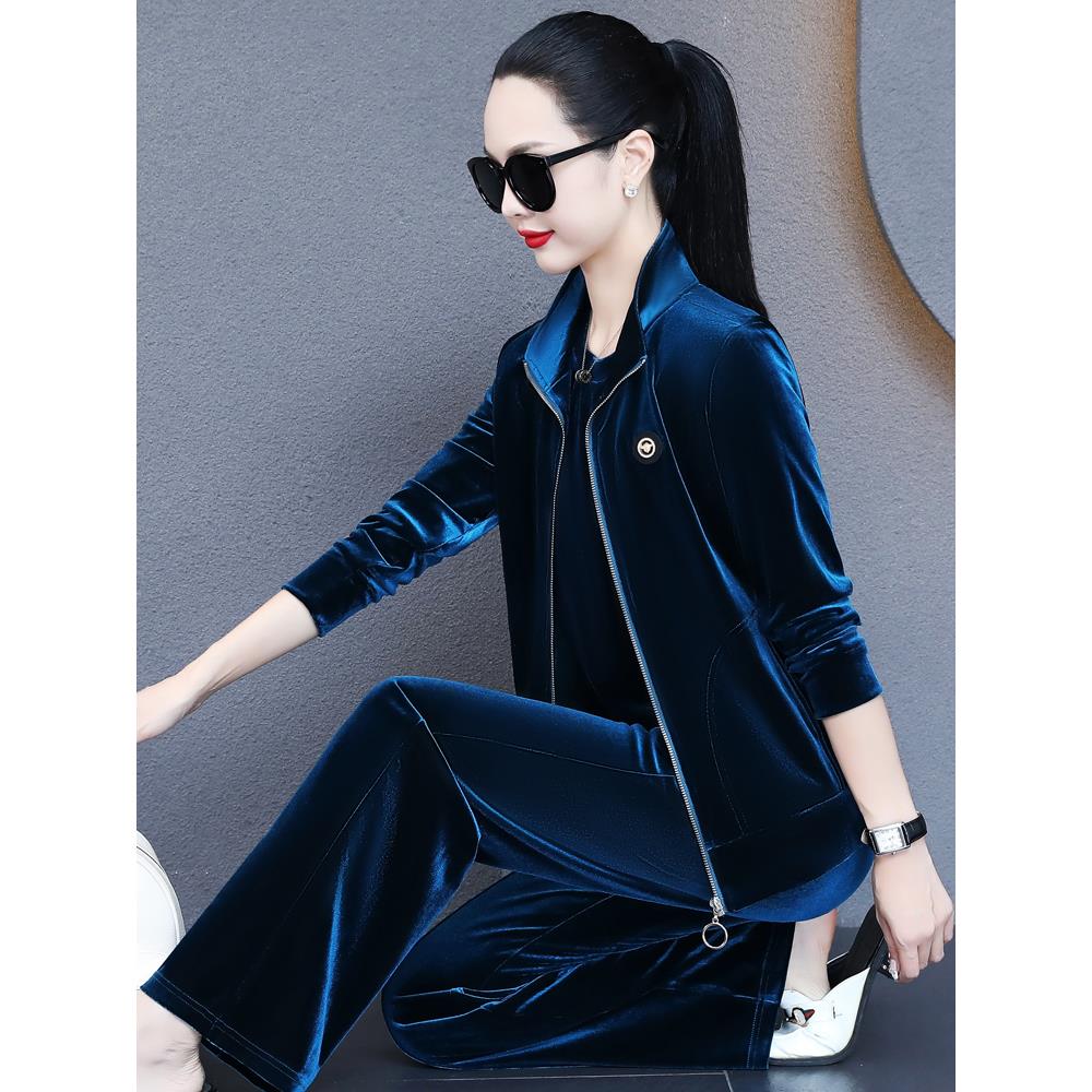 金丝绒运动套装女春秋2025新款气质卫衣宽松阔腿裤休闲服三件套潮