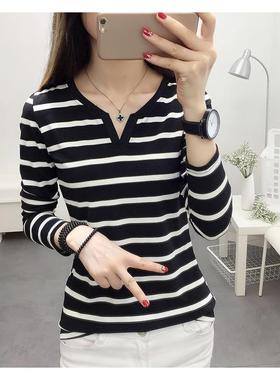 2026 women clothes秋季新款韩版修身显瘦条纹V领长袖T恤女学生上