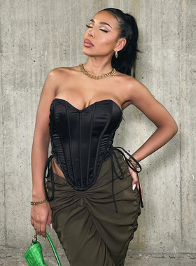 2026 women clothes欧美夏季新款女装鱼骨排性感纯色修身型裹胸外