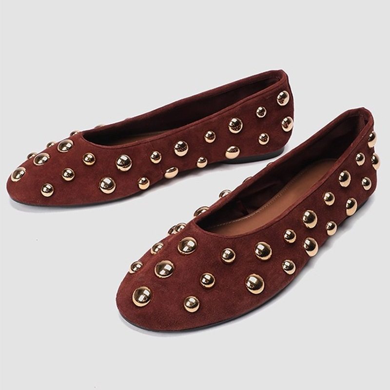 2026 shoes women早秋季新品女鞋黑色铆钉饰皮革芭蕾风平底休闲鞋,流行男鞋,单鞋,淘宝优惠券,粉丝福利购,淘宝优惠卷