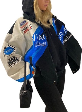 2026 women clothes秋季新款跨境夹克运动风蓝色印花休闲宽松长袖