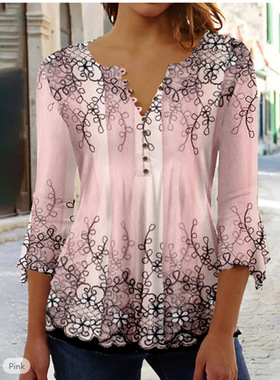 2026 women clothes欧美新款 夏季时尚瑞丽花卉印花V领七分袖T恤