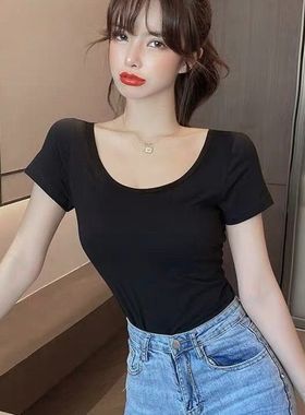 2026 women clothes白色t恤女短袖u领年夏季新款低领性感紧身上衣
