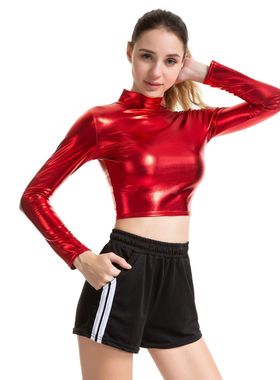 2026 women clothes直销 欧美纯色cosplay涂胶表演服修身漆皮长袖