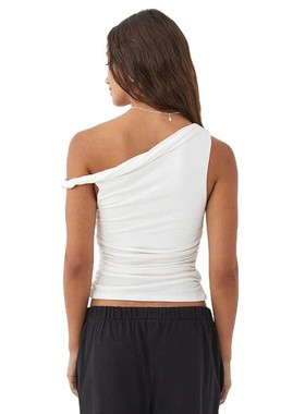 2026 women clothes跨境外贸欧美女装夏季单肩斜领褶皱性感T恤修