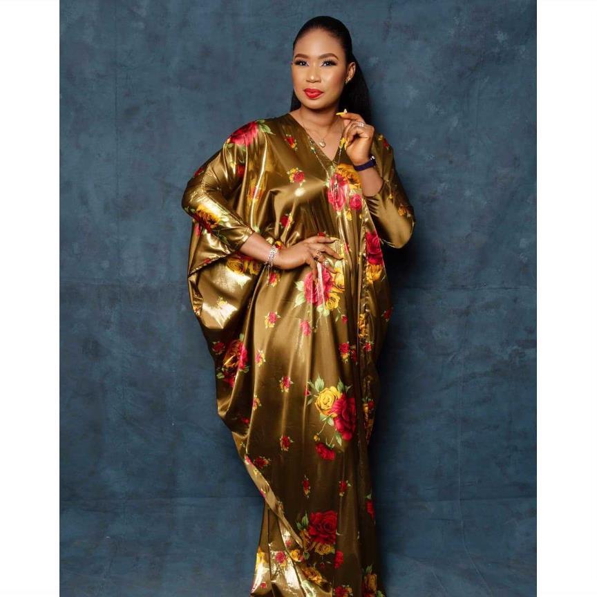 防真丝印花大摆型长袍2020 African Women Print Robe Slik Dress