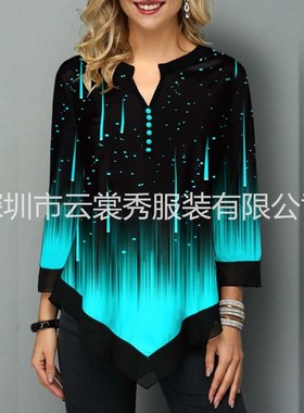 2026 women clothes现货Wish3D定位印花街头潮人V领不规则下摆宽