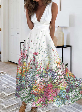 2026 women clothesins欧美俄外贸深V领无袖性感高腰大摆缎面礼服