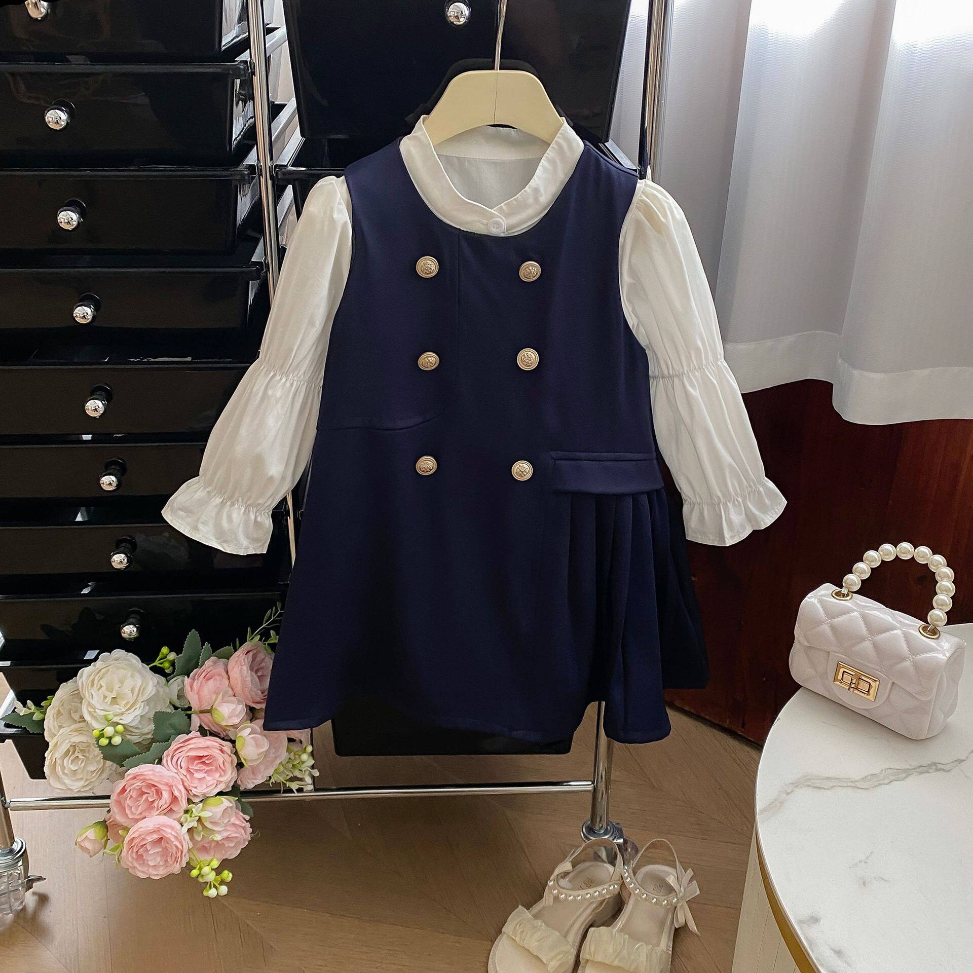 77219 春季新款服装女童韩版背心裙衬衫套装连衣裙洋气两件套