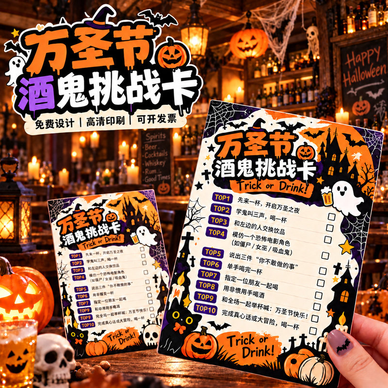 万圣节酒鬼挑战卡定制酒吧diy城市打卡微醺计划鸡尾酒菜单游戏闯关卡邀请函设计酒馆节日活动广告宣传卡订做