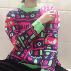P Station Christmas-Themed Sweater, Round Neck Pullover Knitwear, Xmas Winter Warm Loose Clothing, Lazy Long-Sleeve Top
