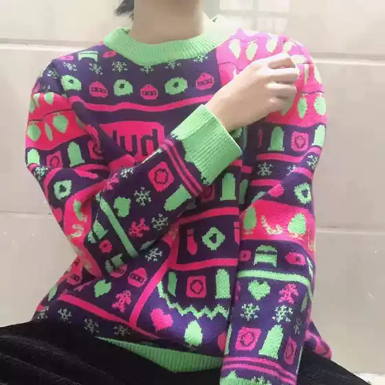 P Station Christmas-Themed Sweater, Round Neck Pullover Knitwear, Xmas Winter Warm Loose Clothing, Lazy Long-Sleeve Top