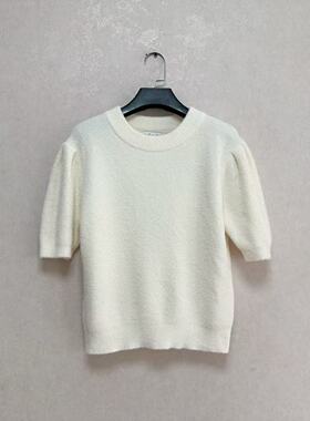 外贸出口美国SHE+S*Y女毛茸茸泡泡短袖套头高腰含粘纤针织衫毛衣
