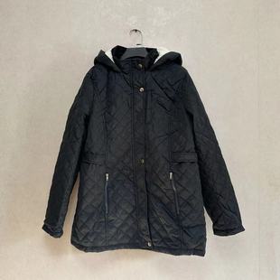 外贸出口美国女菱形绗缝夹棉羊羔绒内里连帽中长款 棉服外套