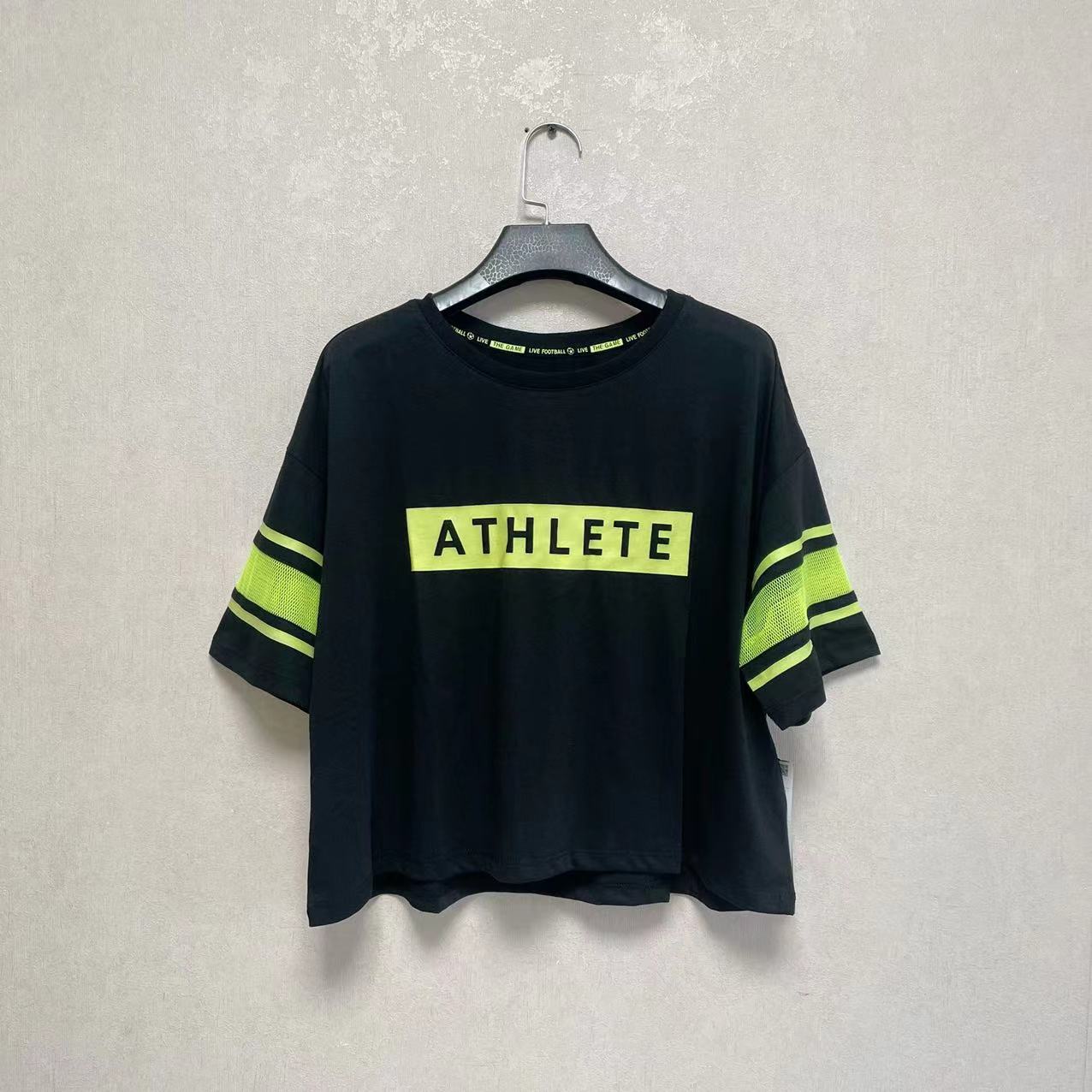 外贸出口欧洲Spla*h原单女运动休闲拼接网布拼色短款短袖圆领T恤