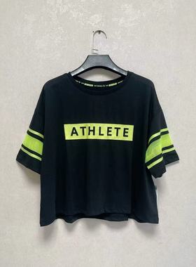 外贸出口欧洲Spla*h原单女运动休闲拼接网布拼色短款短袖圆领T恤