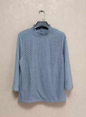 外贸出口日单女天蓝色木耳花边风琴褶领七分袖外层蕾丝套头衫