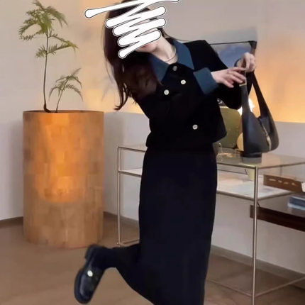 今年流行漂亮套装裙女秋冬季韩版撞色小香风短款外套连衣裙两件套