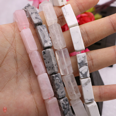 天然白水晶粉晶白松地图石8*20mm长方珠散珠 diy手作饰品配件材料