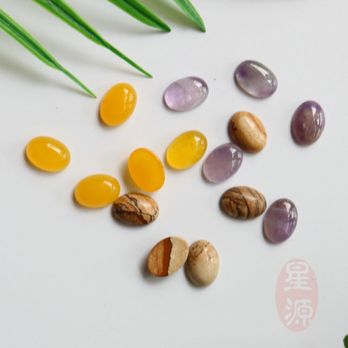 10*14mm天然平底椭圆紫水晶黄玛瑙图画石戒面diy戒指吊坠饰品配件