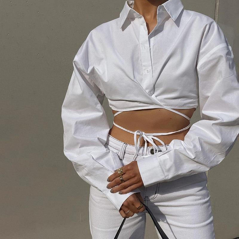 Y2K Bandage Shirt Women Harajuku Tops 女开衫绑带修身T恤长袖