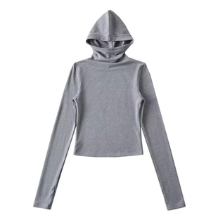 美式修身显瘦短款高领长袖连帽加绒T恤女冬季纯色辣妹内搭打底衫