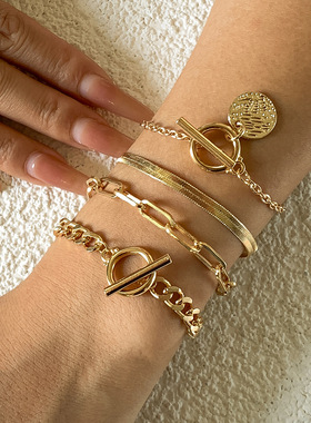 4Pcs Punk Heavy Metal Big Thick Chain Bracelet Set 手链女ins