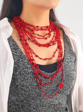 2024新款个性红色多层树脂珊瑚色串珠手工项链女外贸