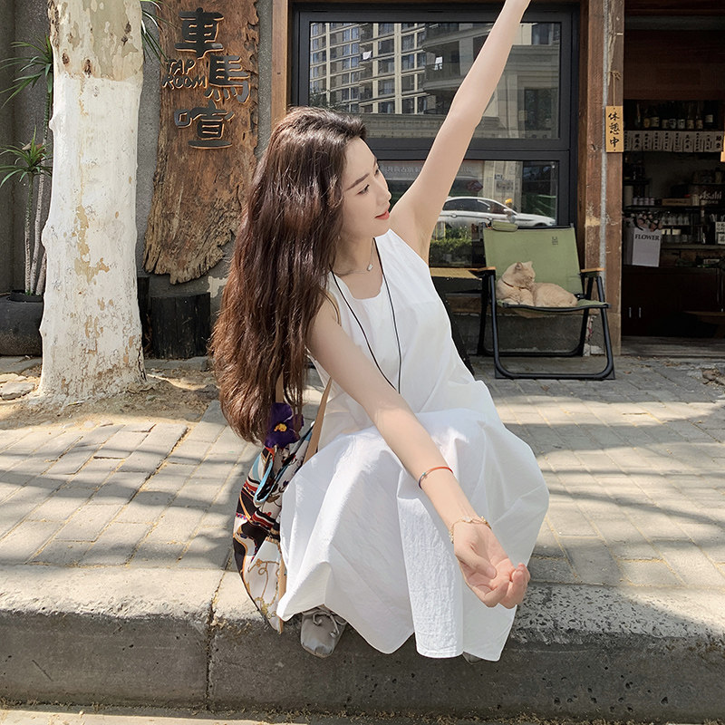韩系简约气质白色无袖连衣裙女2025夏季新款休闲显瘦绝美背心长裙,女装连衣裙,2C136