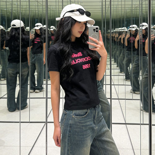 美式高街小众植绒立体字母短袖T恤女减龄百搭显瘦修身小个子上衣