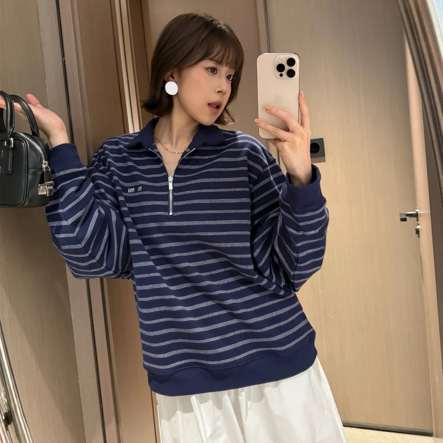 25秋冬新款韩版宽松弛慵懒风拉链POLO领长袖卫衣女老钱条纹上衣潮