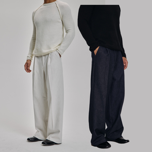 AaNn 羊毛混纺抓绒廓形宽松单褶牛仔西裤