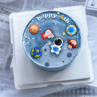 银河系宇宙主题儿童蛋糕装饰品宇航员小火箭星球摆件生日派对插牌
