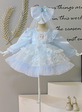 女童冰雪奇缘连衣裙秋季新款儿童蓝色洋气蓬蓬礼服公主裙断码清仓