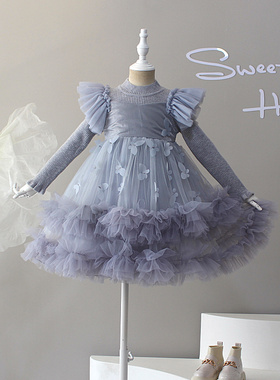 秋冬女童公主裙长袖洋气灰色tutu裙女宝宝长袖针织网纱拼接蓬蓬裙