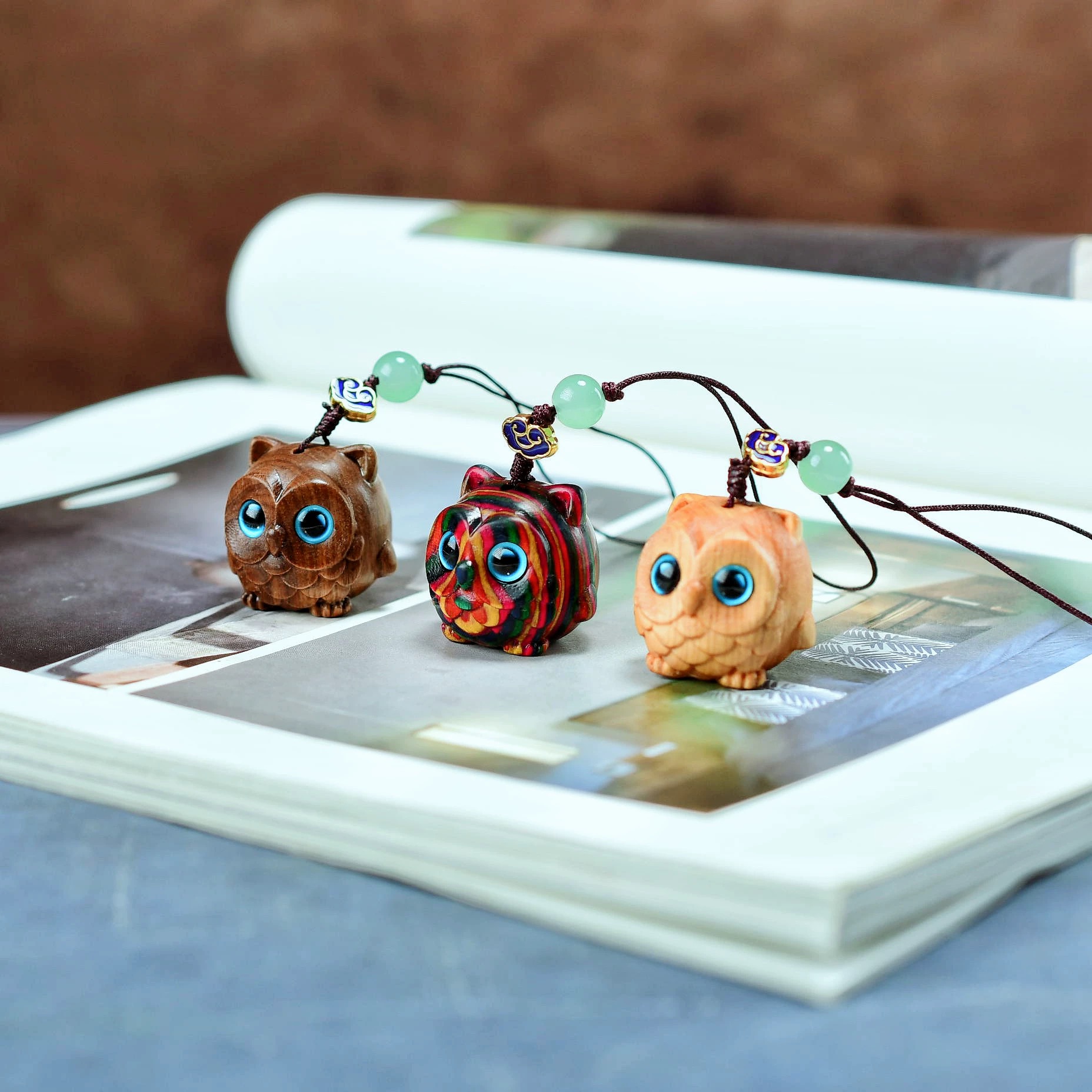 彩虹木小猫头鹰手机挂件 彩绘木生肖吊坠手机链钥匙扣配饰