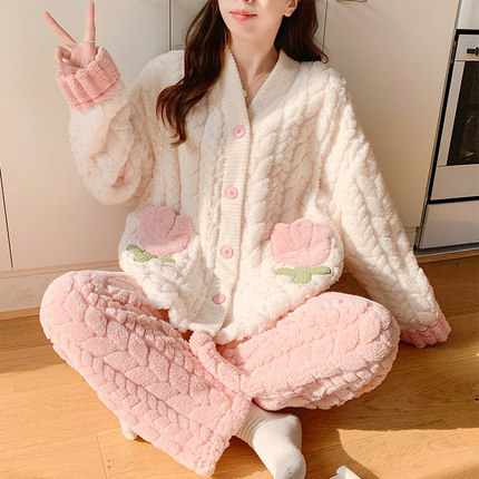 月子服冬季产后加绒加厚珊瑚绒大码孕妇睡衣秋冬款哺乳喂奶可外穿