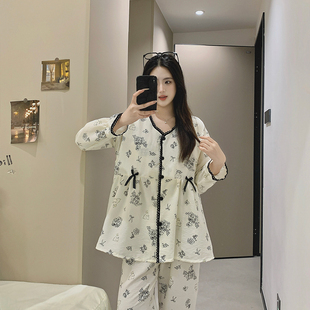纯棉全棉吸汗产后大码 孕妇睡衣哺乳 薄款 带胸垫云朵棉月子服春夏季