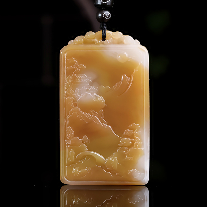 天然原石雕刻新疆和田玉糖玉山水牌吊坠大好河山平安无事牌挂件