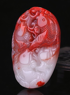 天然新疆和田玉鸡血玉富贵鱼手把件金玉满堂把玩件男女款玉石挂件