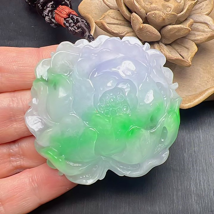 天然缅甸翡翠牡丹花吊坠飘花富贵花开项链玉石挂件女士毛衣链