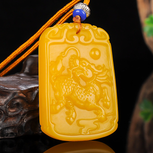 天然和田玉黄玉麒麟吊坠挂件瑞兽麒麟招财纳福男女款 项链平安牌