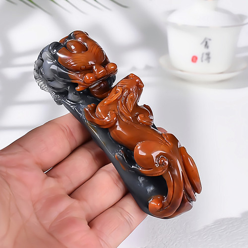 天然黄龙玉貔貅如意摆件手把件