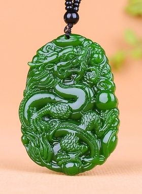 和田碧玉霸气龙牌吊坠挂件菠菜绿玉牌子和田玉龙项链玉佩天然玉石
