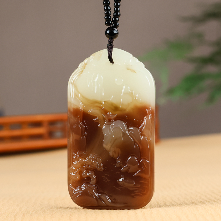 和田玉糖料山水牌吊坠平安牌